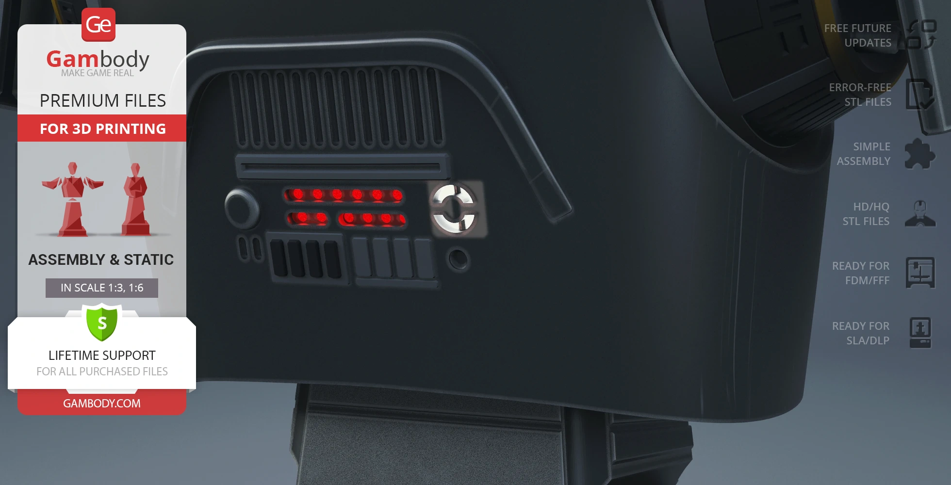 Close-up of K-2SO bust model details from Gambody for 3D printing, featuring intricate paneling.