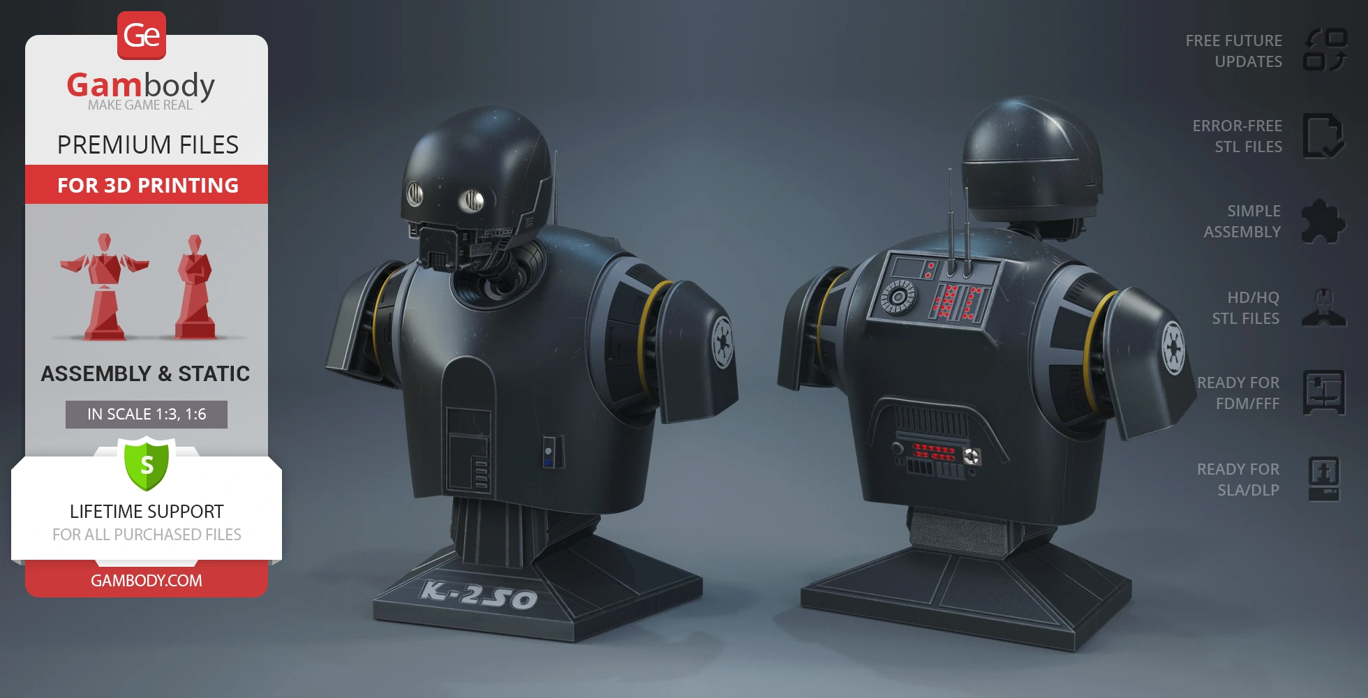 Bust of K-2SO droid from Star Wars, front and back view, with printing specifications.