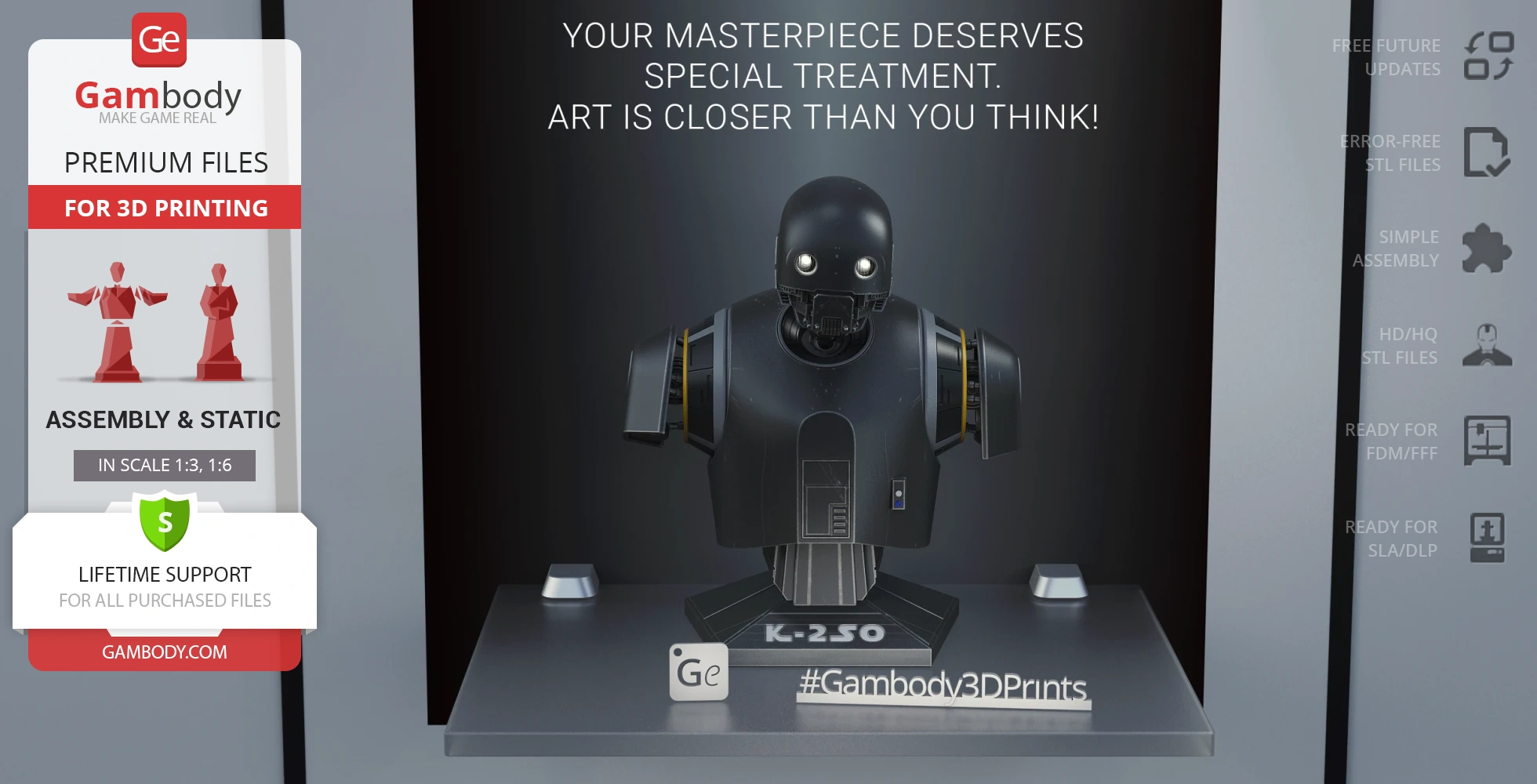 K-2SO bust from Star Wars, 3D printed model display by Gambody, with assembly details.