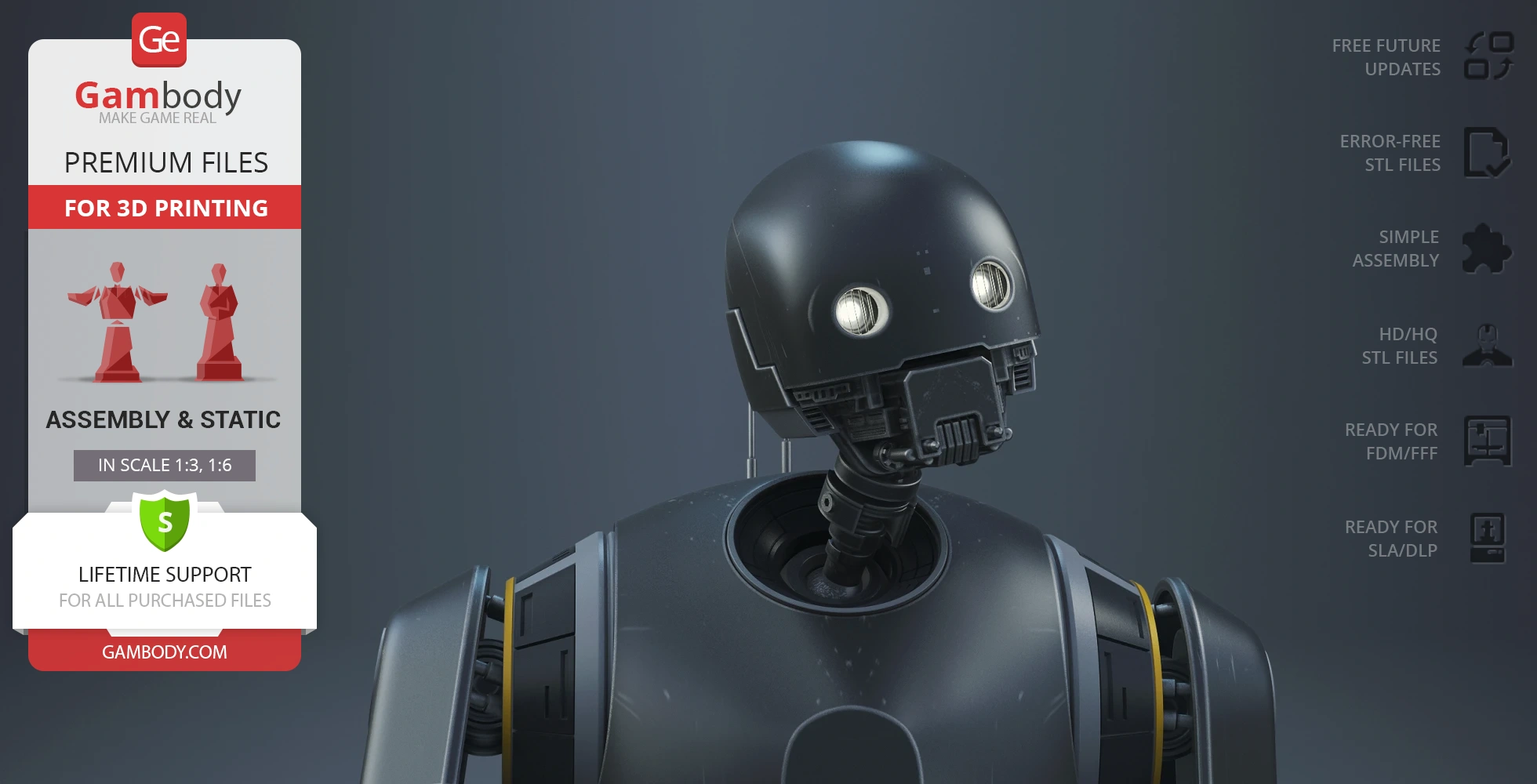 K-2SO bust model from Star Wars: Rogue One, featuring detailed design for 3D printing.