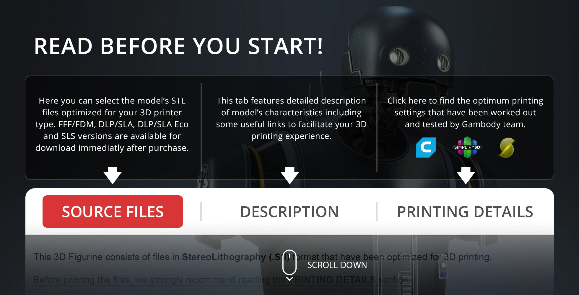 Partial view of K-2SO bust from Star Wars on a menu interface for 3D printing files and instructions.