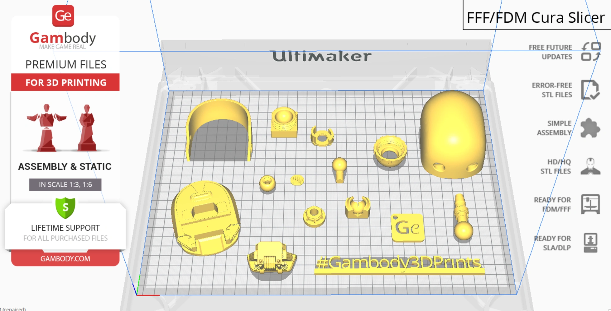STL files for 3D printing K-2SO bust, with multiple parts displayed on a Cura slicer grid.