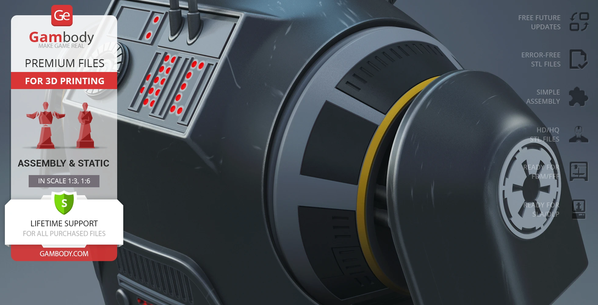 Close-up of K-2SO's mechanical details with control panel and Imperial emblem for 3D printing.