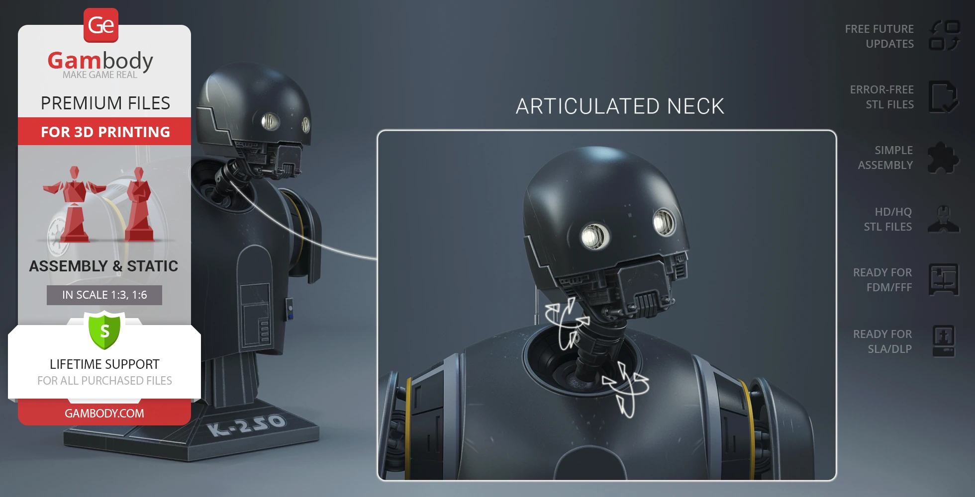 A 3D printable bust of K-2SO from Star Wars, featuring an articulated neck.