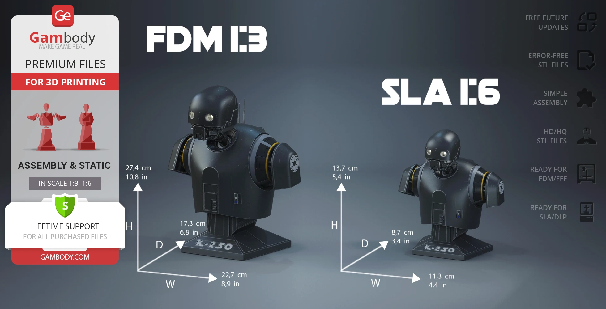 K-2SO bust from Star Wars for 3D printing, available in two scales: 1:3 and 1:6, by Gambody.
