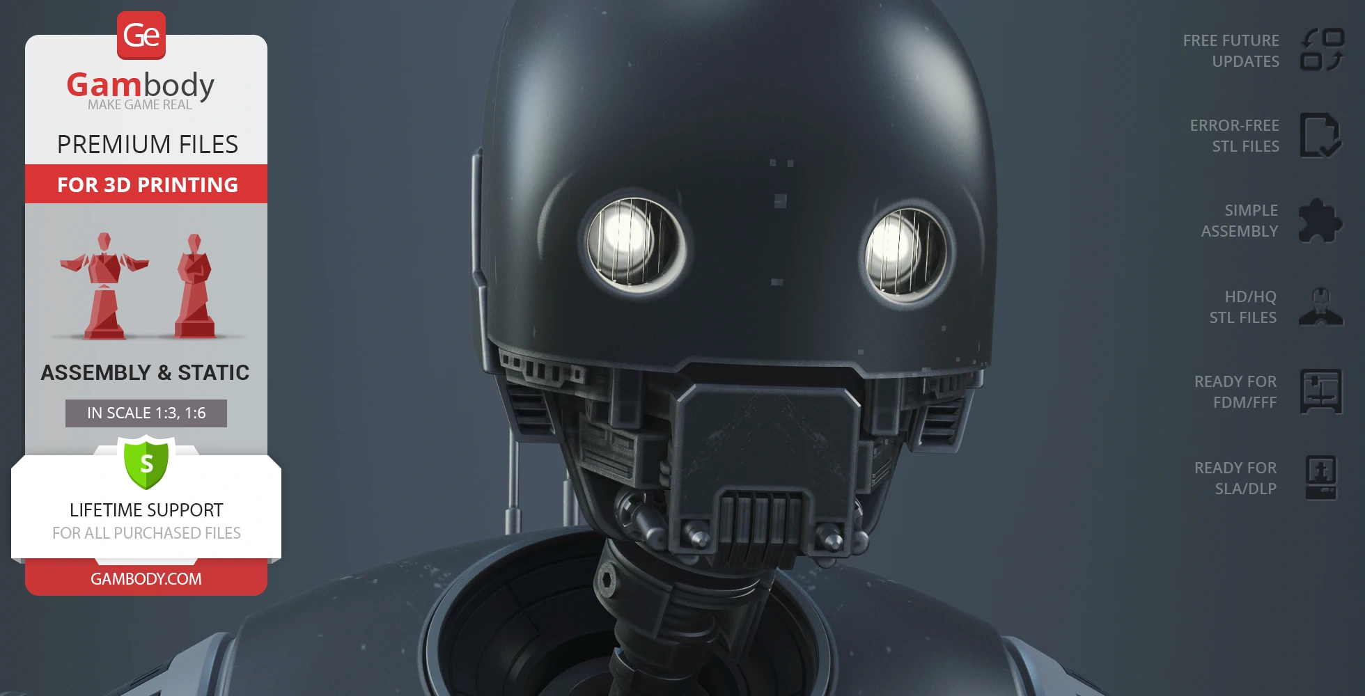 Dark robotic bust with glowing eyes, intricate mechanical details, and a smooth helmet design.