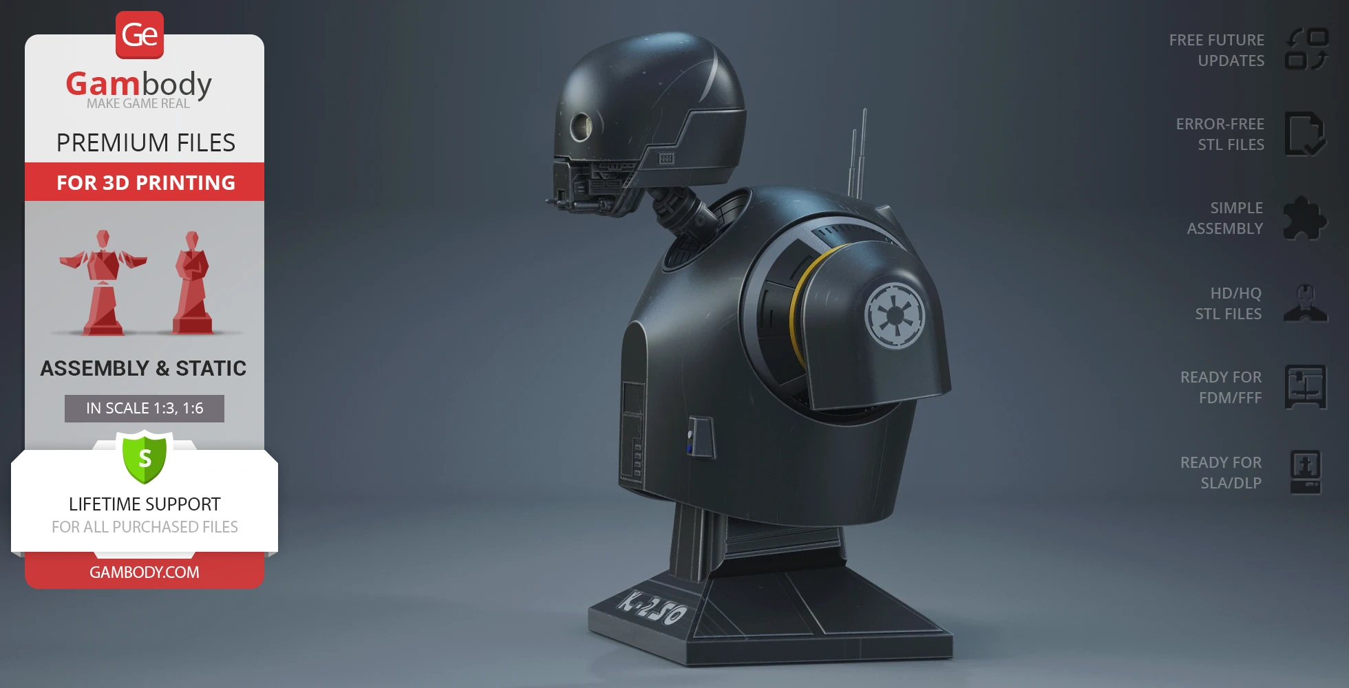 3D model of K-2SO bust from Star Wars, designed for 3D printing, side view.