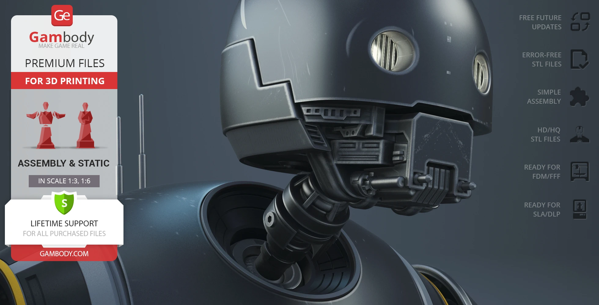 A detailed 3D model of K-2SO's head and neck from Star Wars: Rogue One, ready for 3D printing.