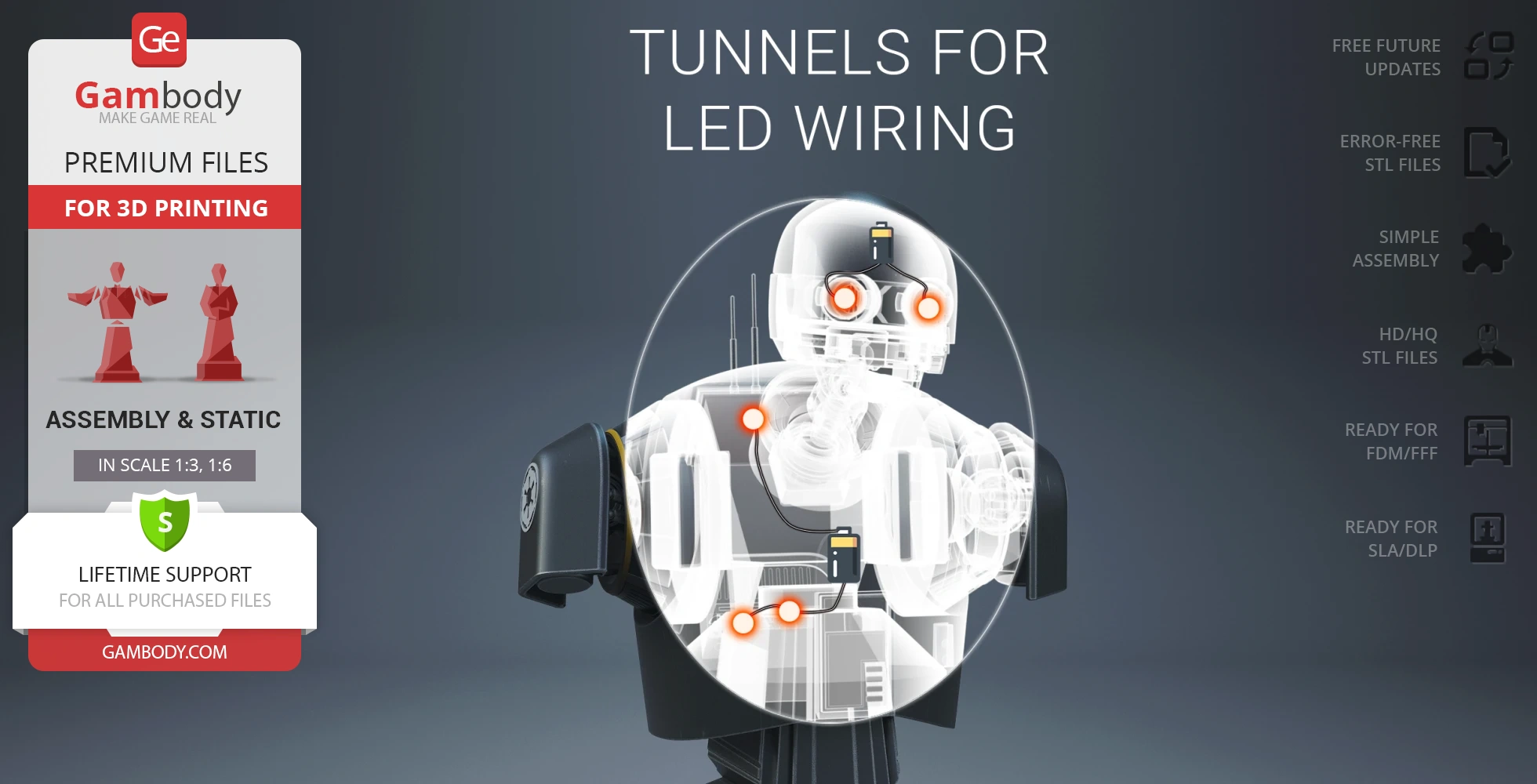 K-2SO bust model preview, featuring LED wiring tunnels for 3D printing on Gambody platform.