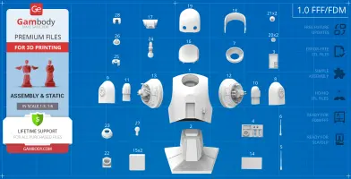 Blueprint layout displaying individual 3D-printed parts for a K-2SO bust assembly.