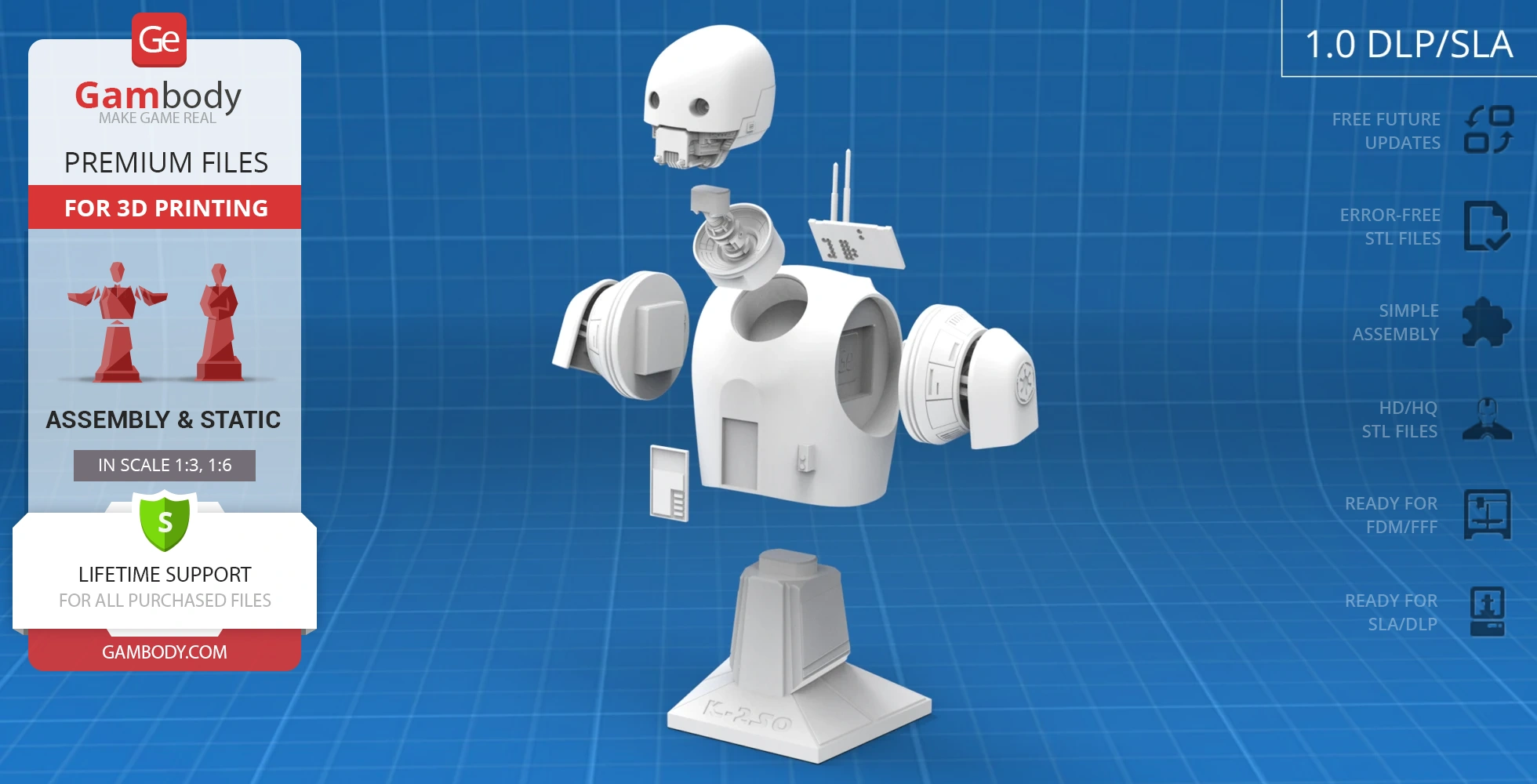 Exploded view of a 3D printable K-2SO bust model from Star Wars: Rogue One on a grid background.
