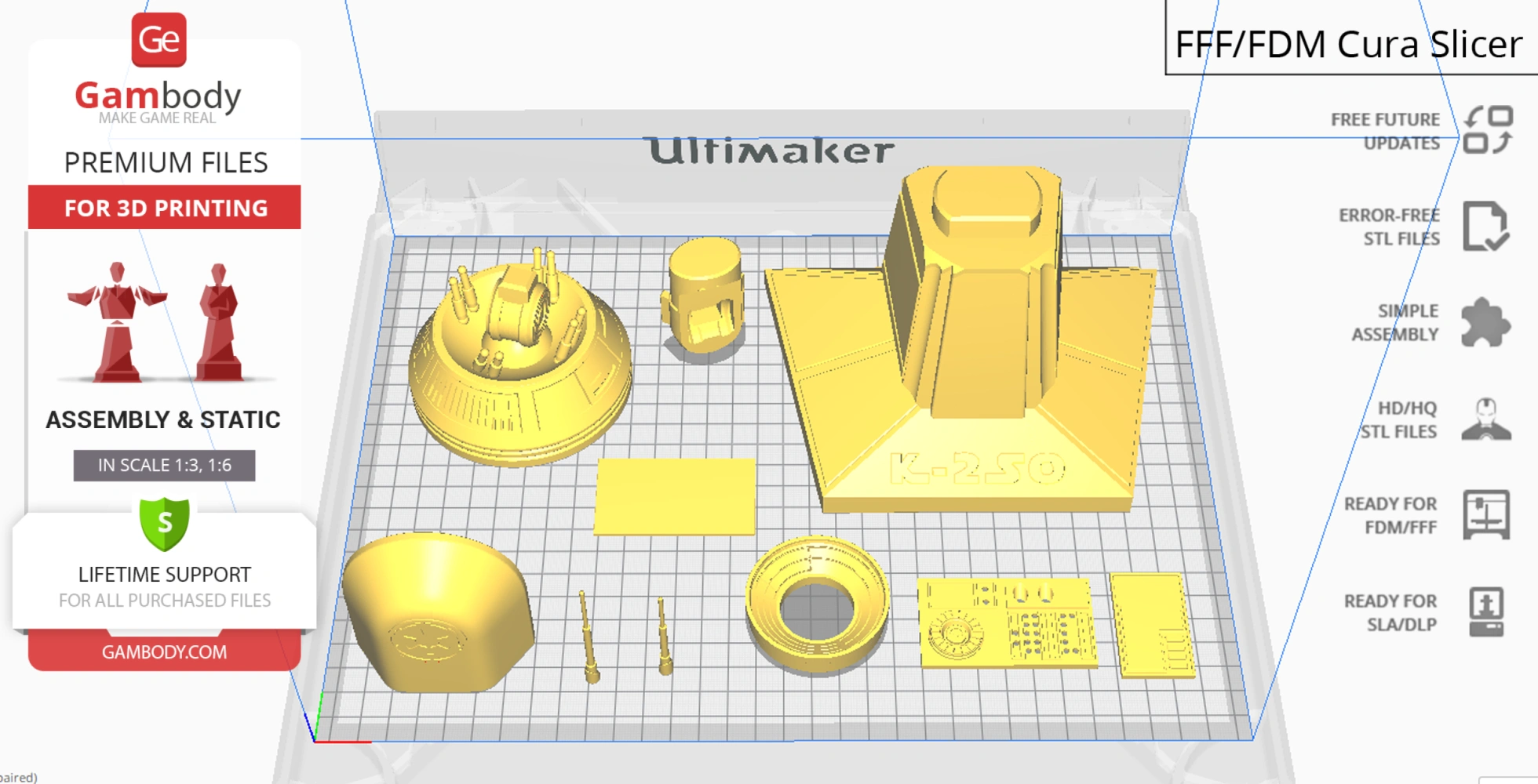 3D printable K-2SO bust model parts arranged on a grid, ready for assembly and printing.