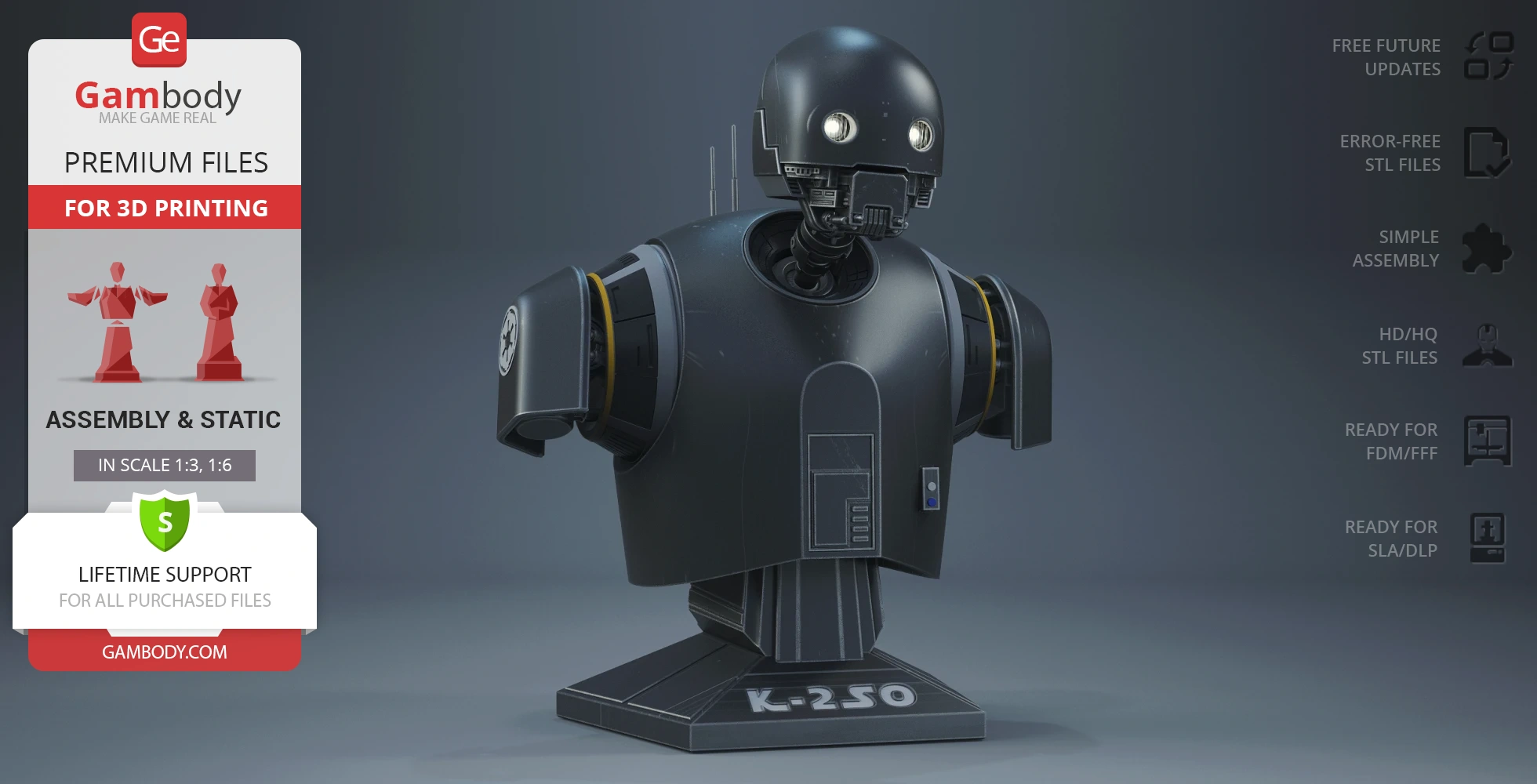 A 3D-printed bust of K-2SO from Star Wars, featuring detailed robotic features on a labeled base.