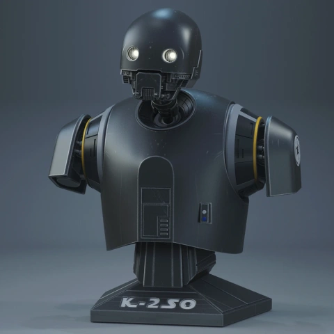 A detailed bust of K-2SO from Star Wars, featuring his head and shoulders on a display stand.