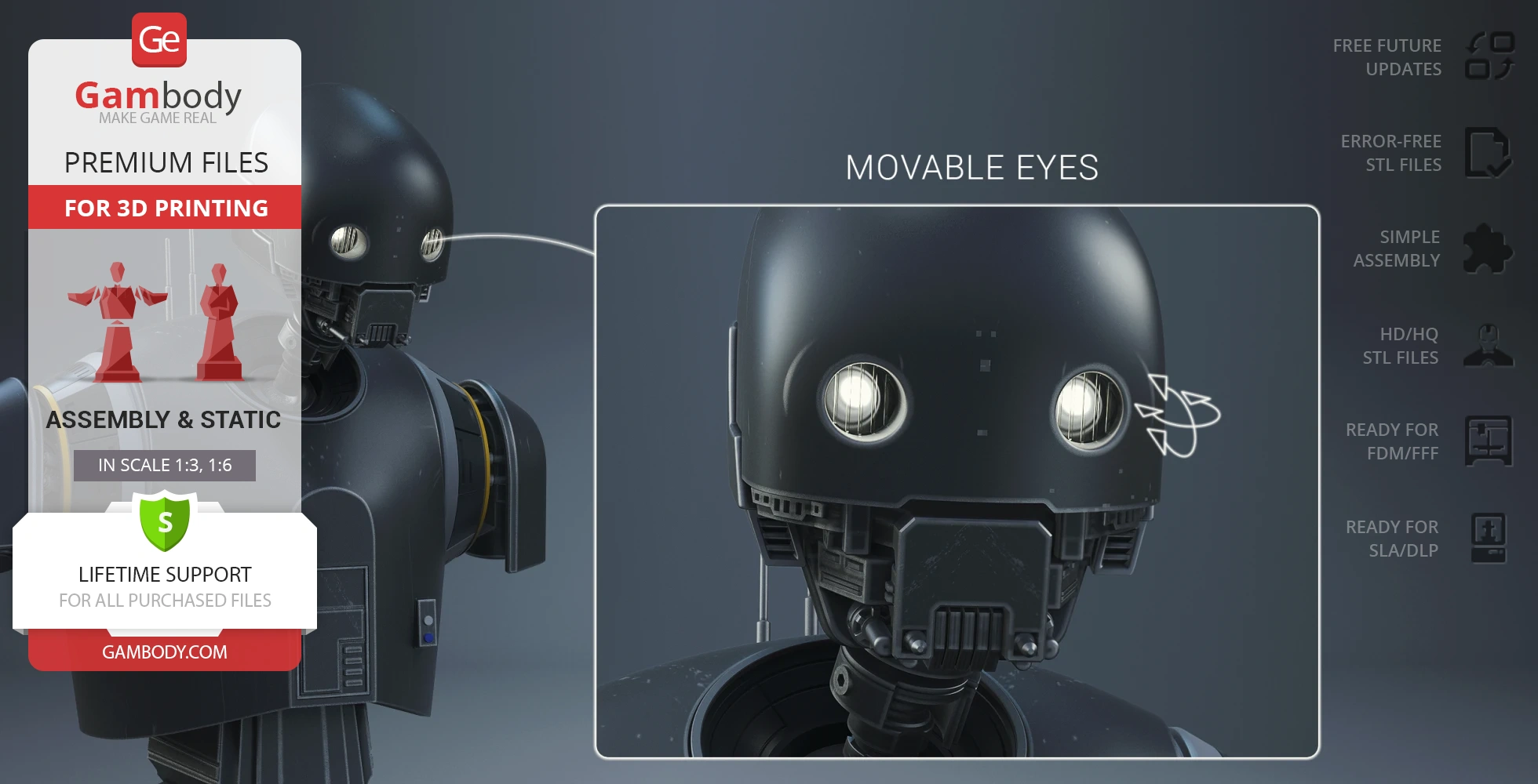 3D printable bust of K-2SO from Star Wars with movable eyes, showcasing assembly options.