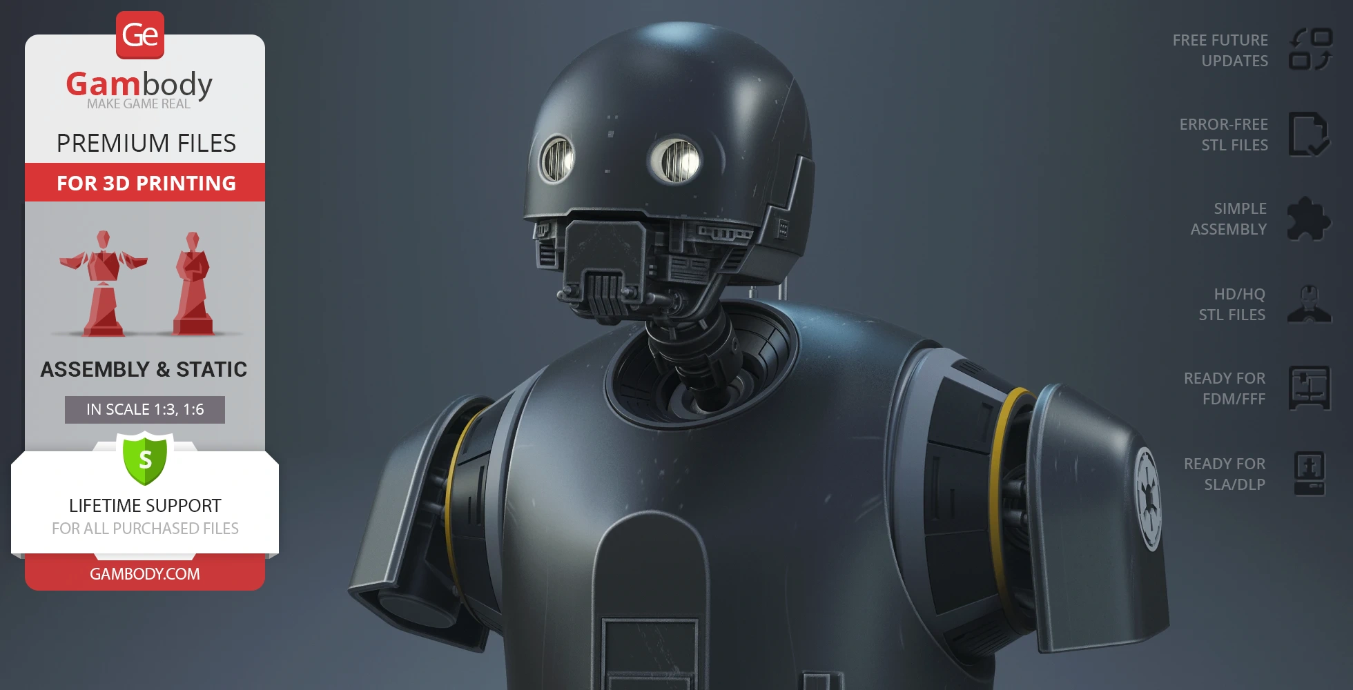 Futuristic robot bust with dark metallic surface and glowing eyes, ready for 3D printing.