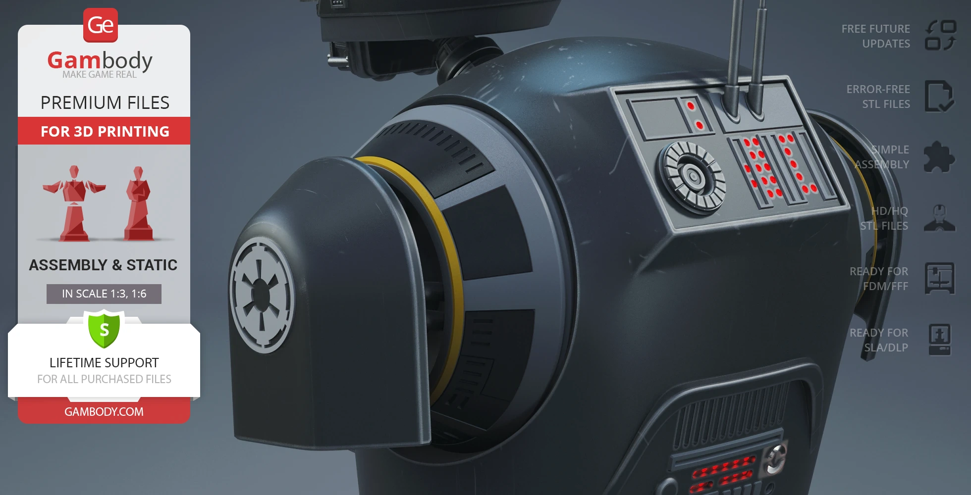 A detailed 3D model of K-2SO's shoulder and torso from Star Wars, ready for 3D printing, with control panel.