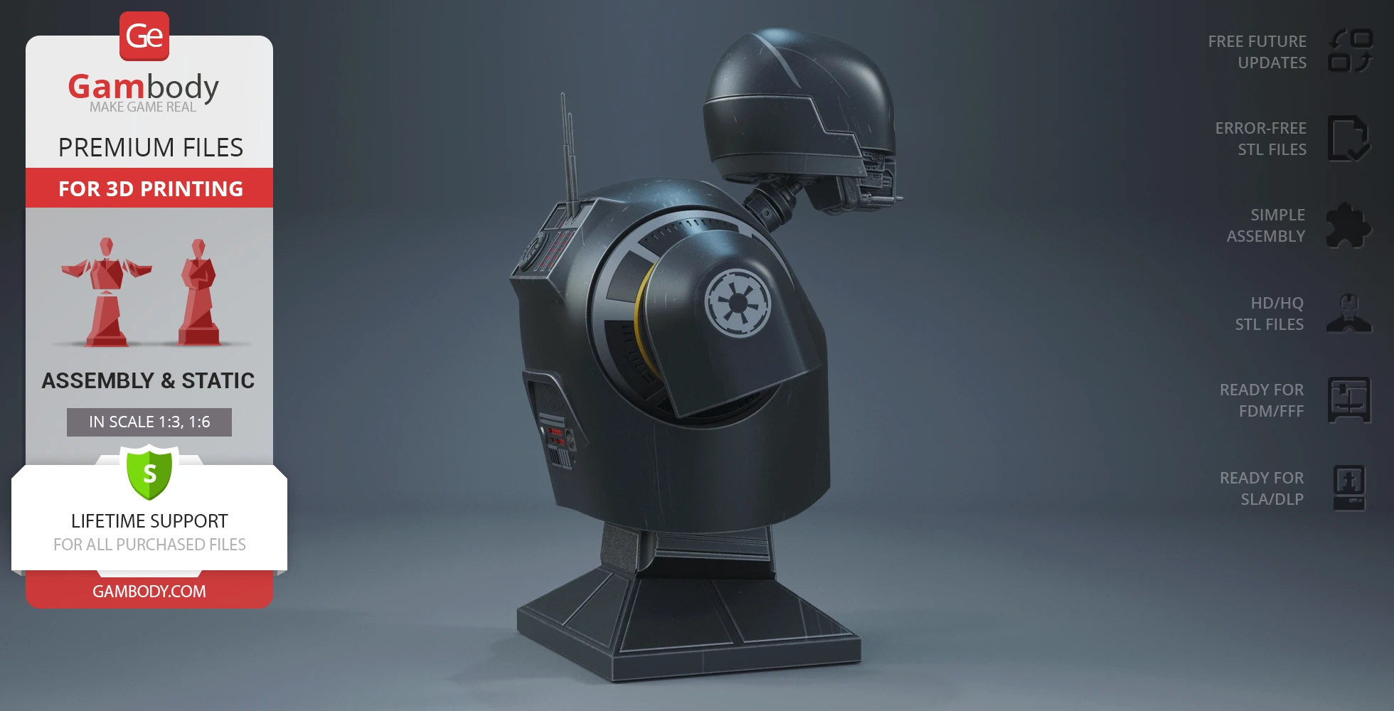 A detailed 3D bust model of K-2SO from Star Wars, shown from the side on a display stand.