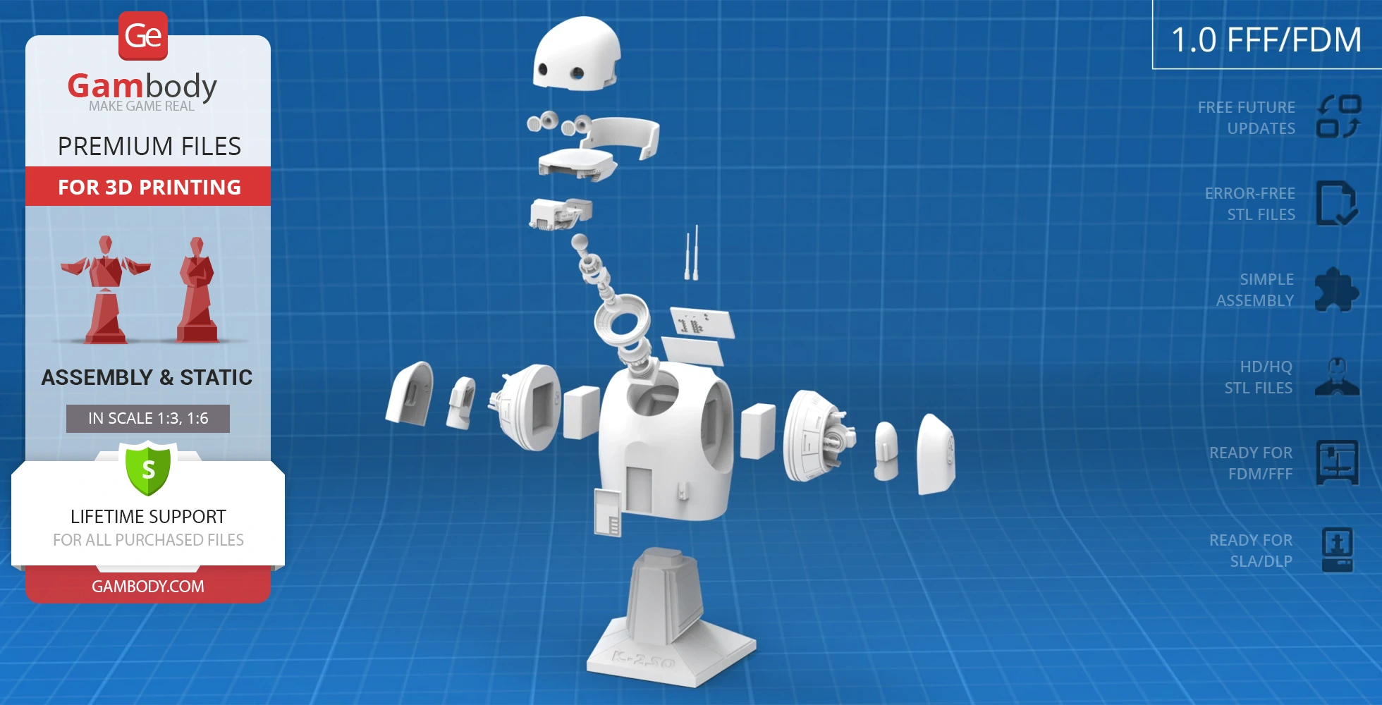 Disassembled 3D model of K-2SO from Star Wars for printing, showing individual parts on a grid background.