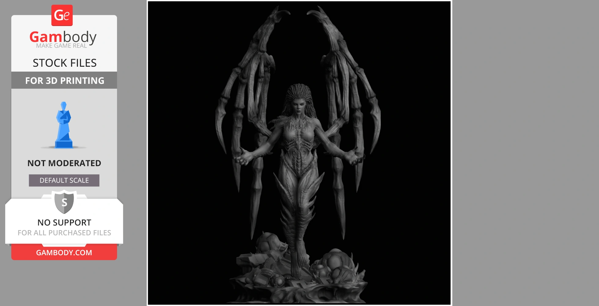A detailed 3D model of a humanoid figure with intricate wings, ready for 3D printing.