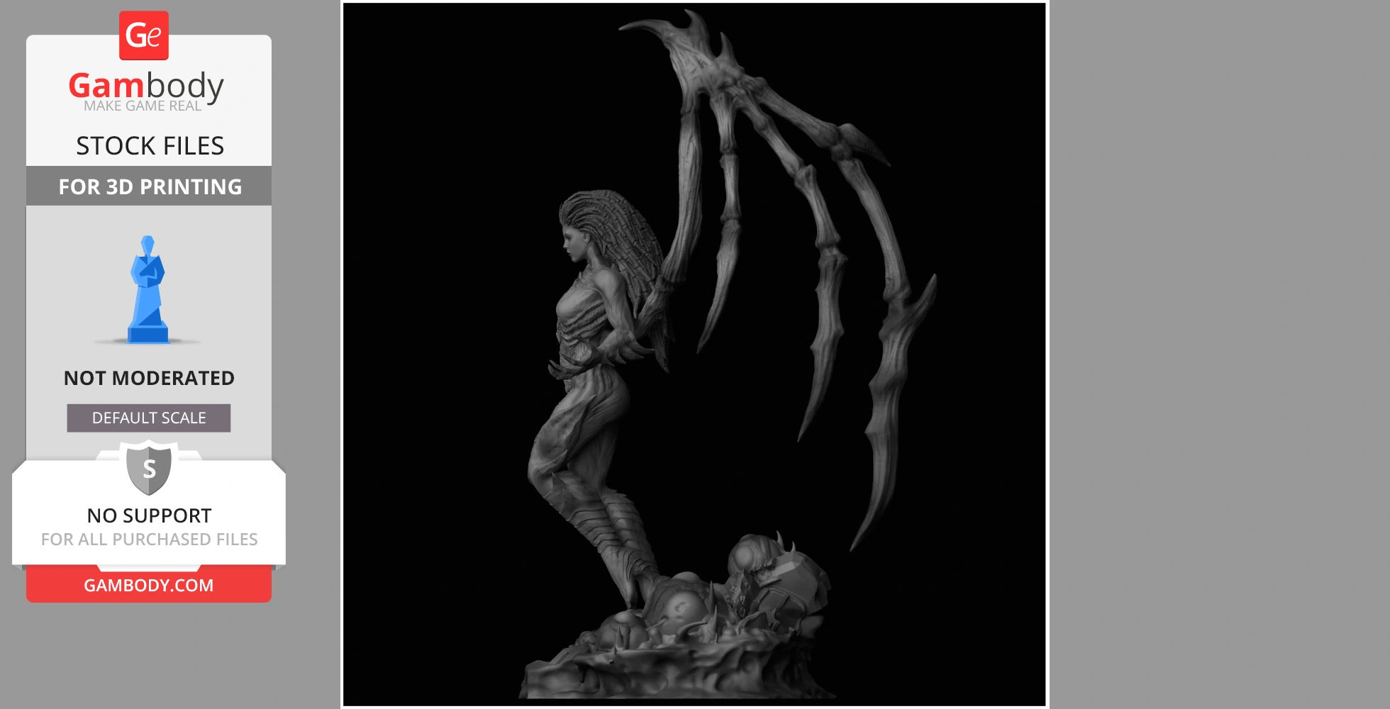 Alien-like figure with spine-like wings, detailed body armor, standing on a rocky base.