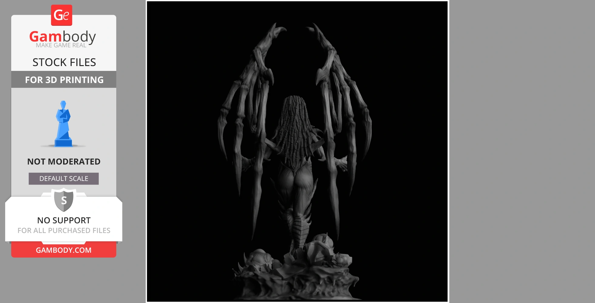 Alien-like figure with large, skeletal wings, viewed from the back on a detailed base.