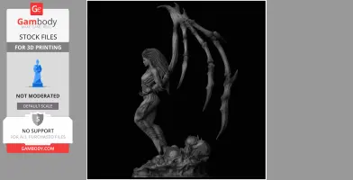 Alien-like figure with spine-like wings, detailed body armor, standing on a rocky base.