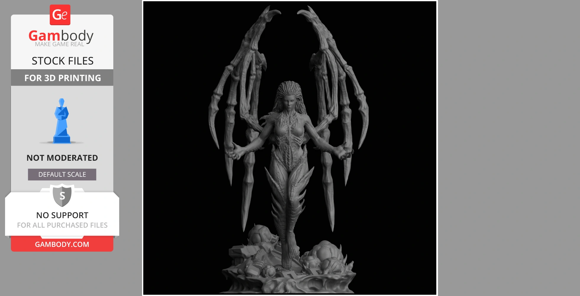 Alien-like figure with elongated blades, intricate body details, and an ornate base. For 3D printing.