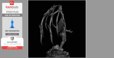 A 3D model of a humanoid with large, skeletal wings on a detailed base, designed for 3D printing.