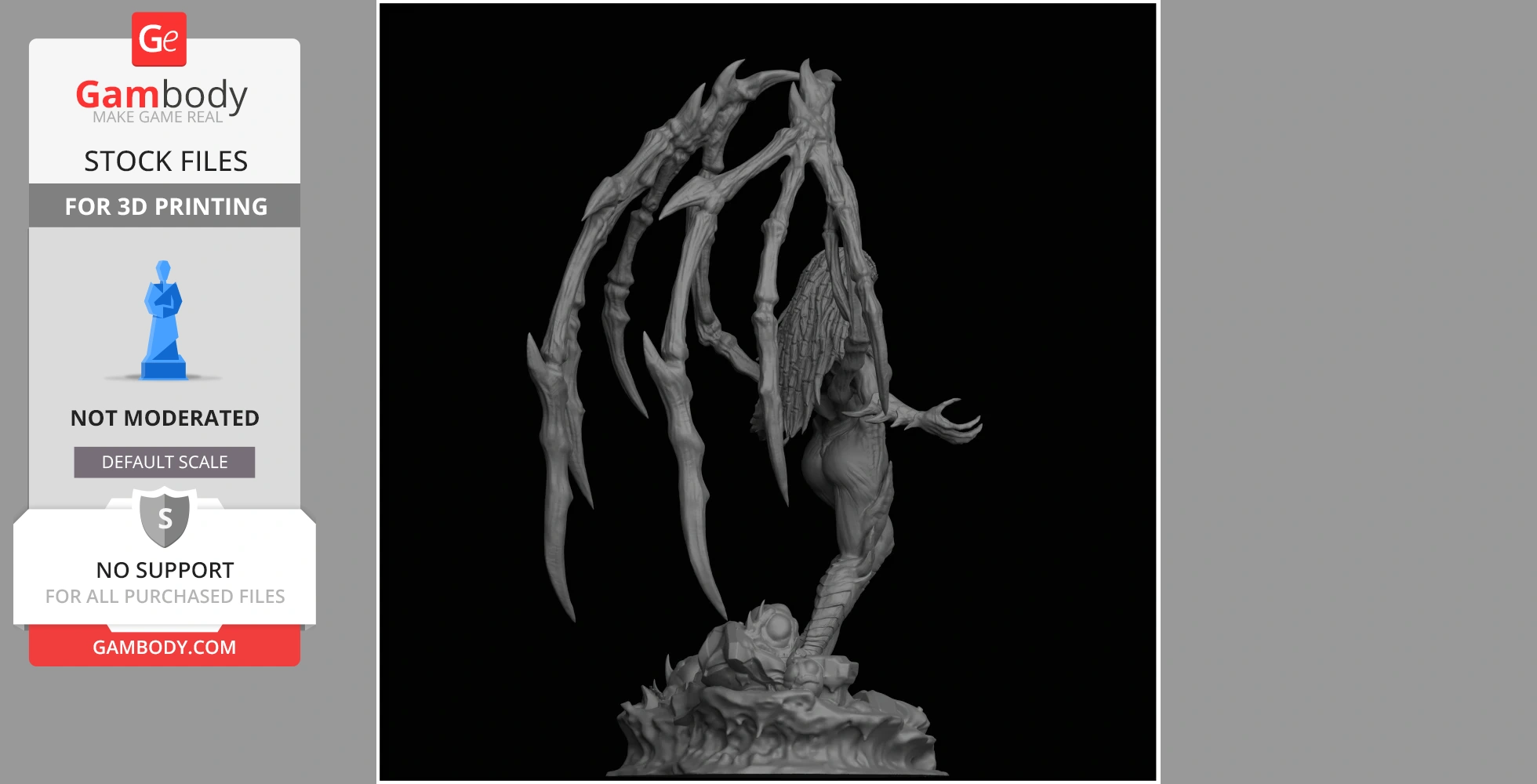 A detailed 3D model of a character with large, claw-like wings and textured base for printing.