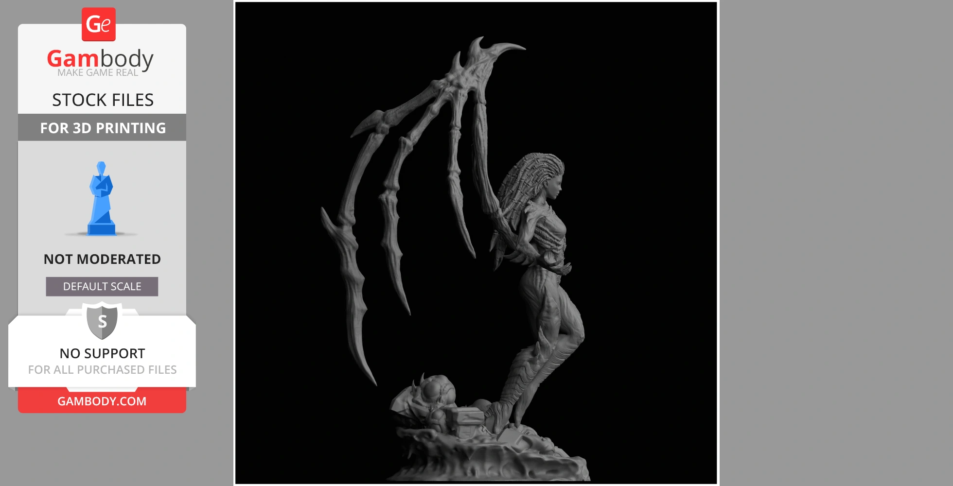 A detailed 3D model of a humanoid with spiked wings and intricate armor, standing on a textured base.