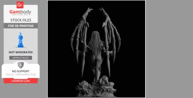 A 3D model of a woman with intricate wings and long hair, standing on a detailed base.