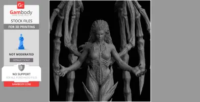 Alien-like figure with intricate armor and skeletal wings, posed with arms extended.