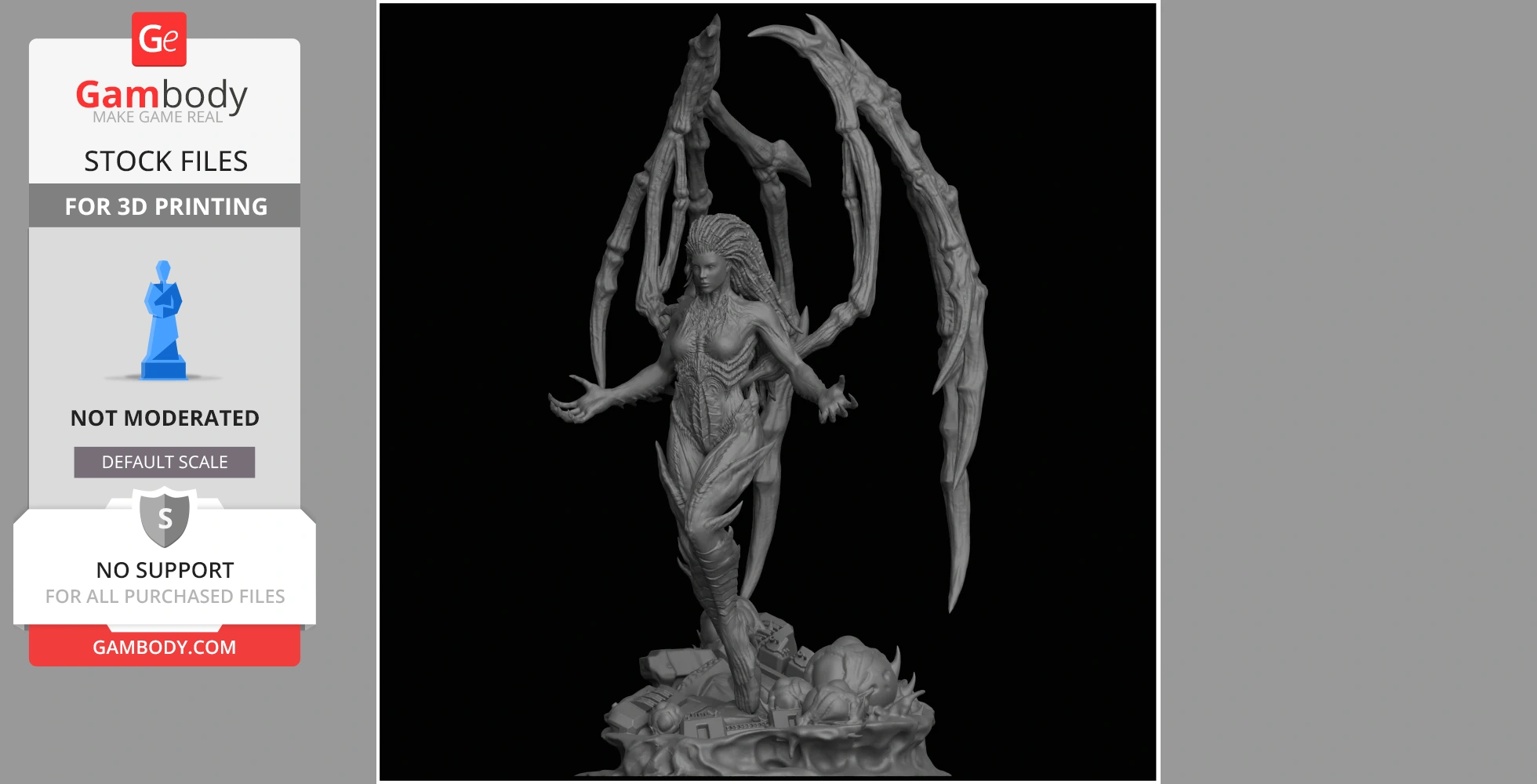 A detailed 3D model of Sarah Kerrigan as Queen of Blades, with organic armor and blade-like wings.