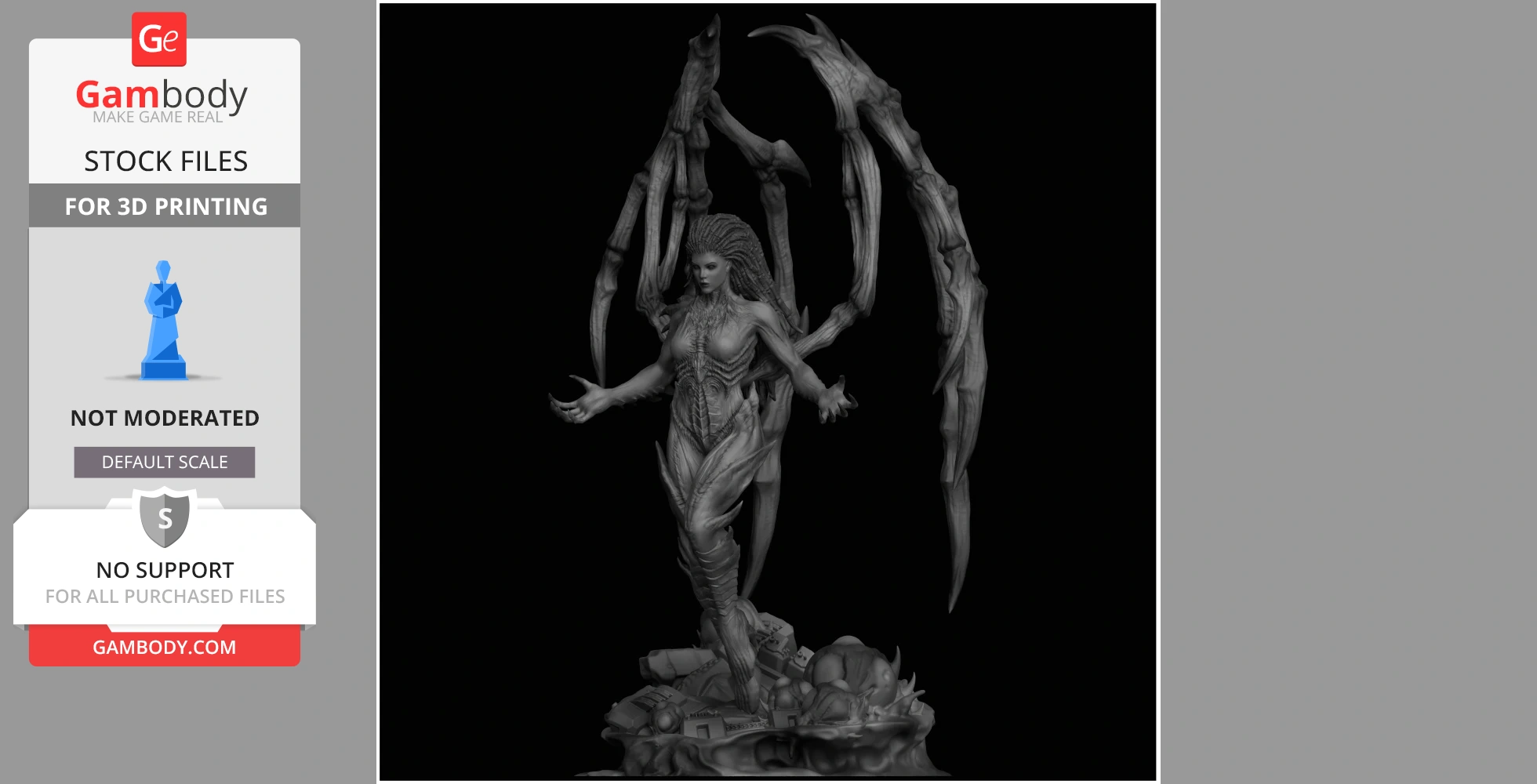 A detailed 3D model of a humanoid figure with blade-like wings, standing on a rocky base.