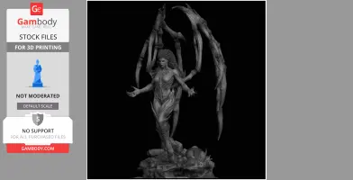 A detailed 3D model of a humanoid figure with blade-like wings, standing on a rocky base.