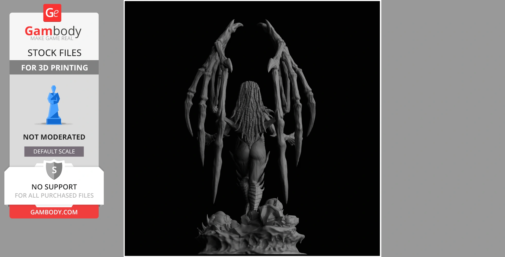 A 3D model of a woman with intricate wings and long hair, standing on a detailed base.