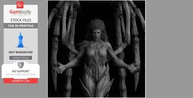 A detailed 3D model of a humanoid figure with intricate armor and large, spiky wings.