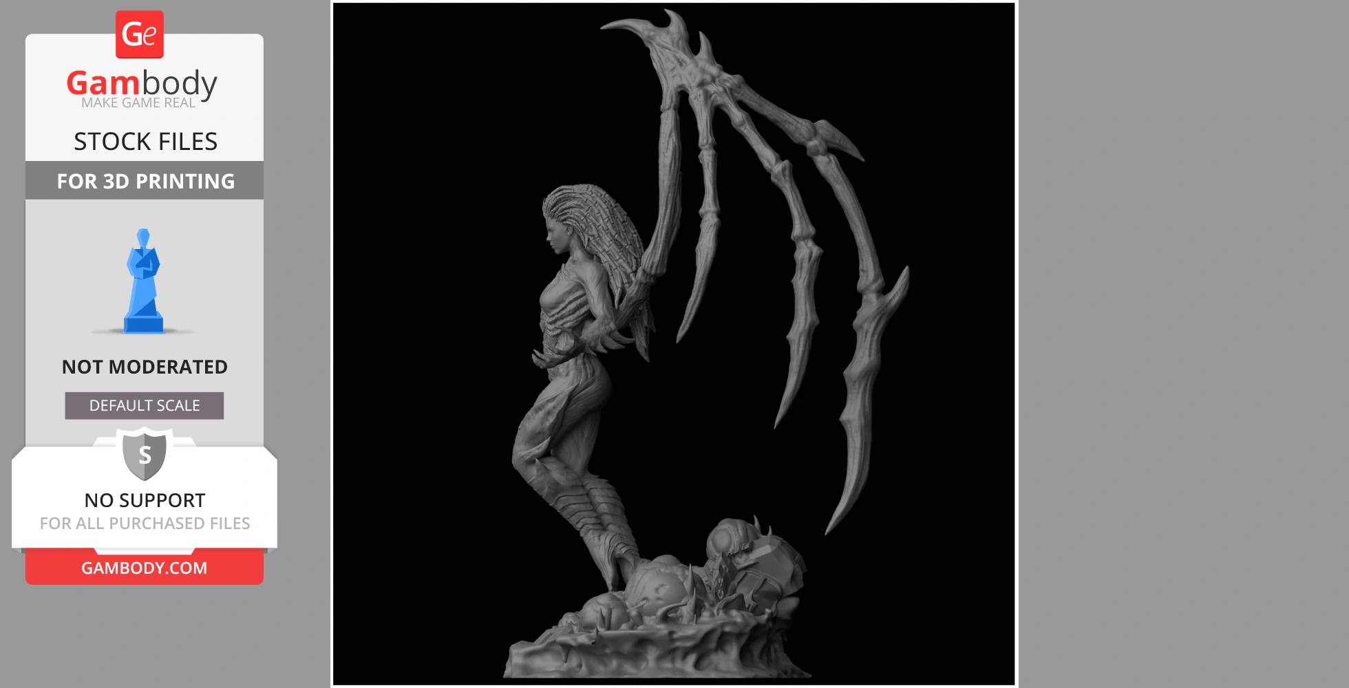 A 3D model of a humanoid character with intricate armor and large, skeletal wings, standing on a textured base.