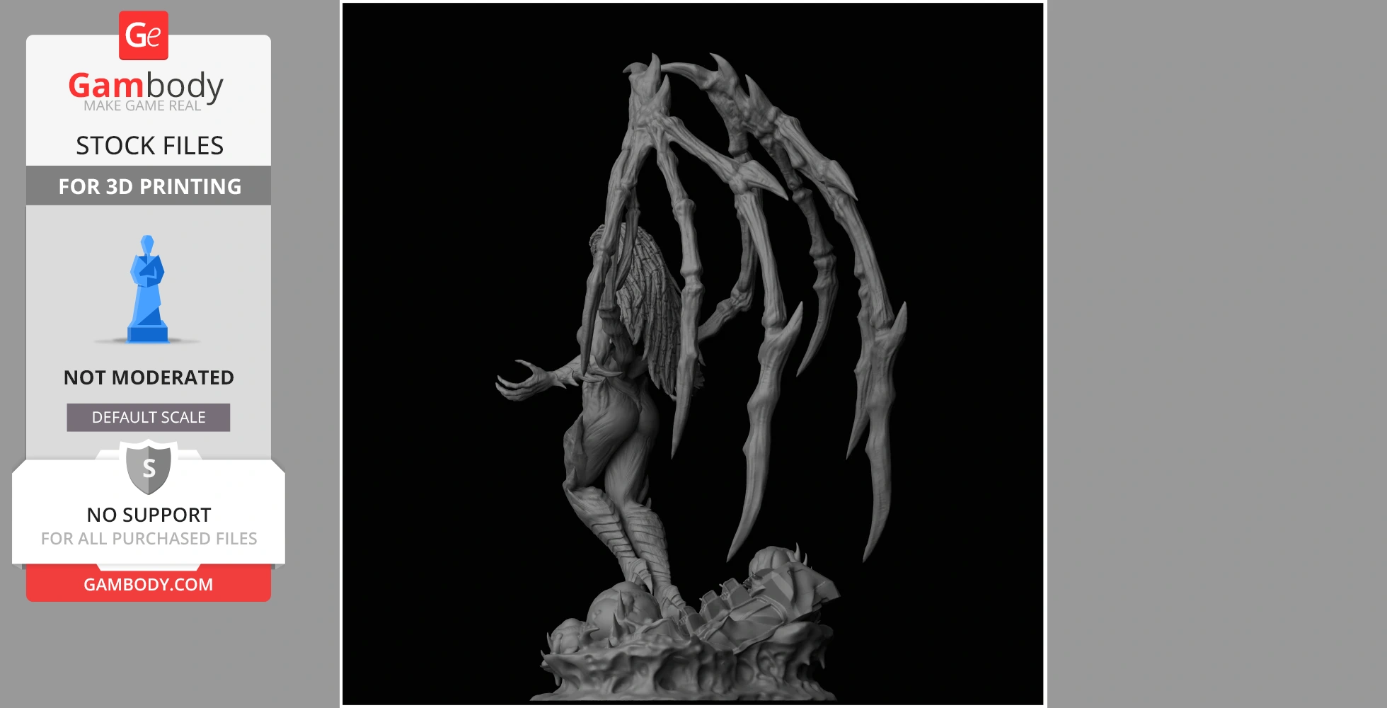 A 3D model of a humanoid with spiky appendages and detailed textures, standing on a rocky base.