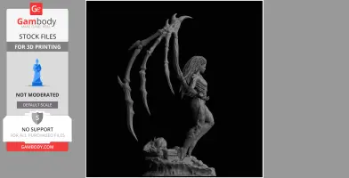 A detailed 3D model of a humanoid with spiked wings and intricate armor, standing on a textured base.