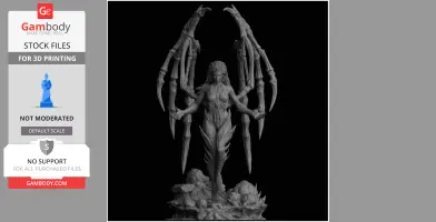 Alien-like figure with elongated blades, intricate body details, and an ornate base. For 3D printing.