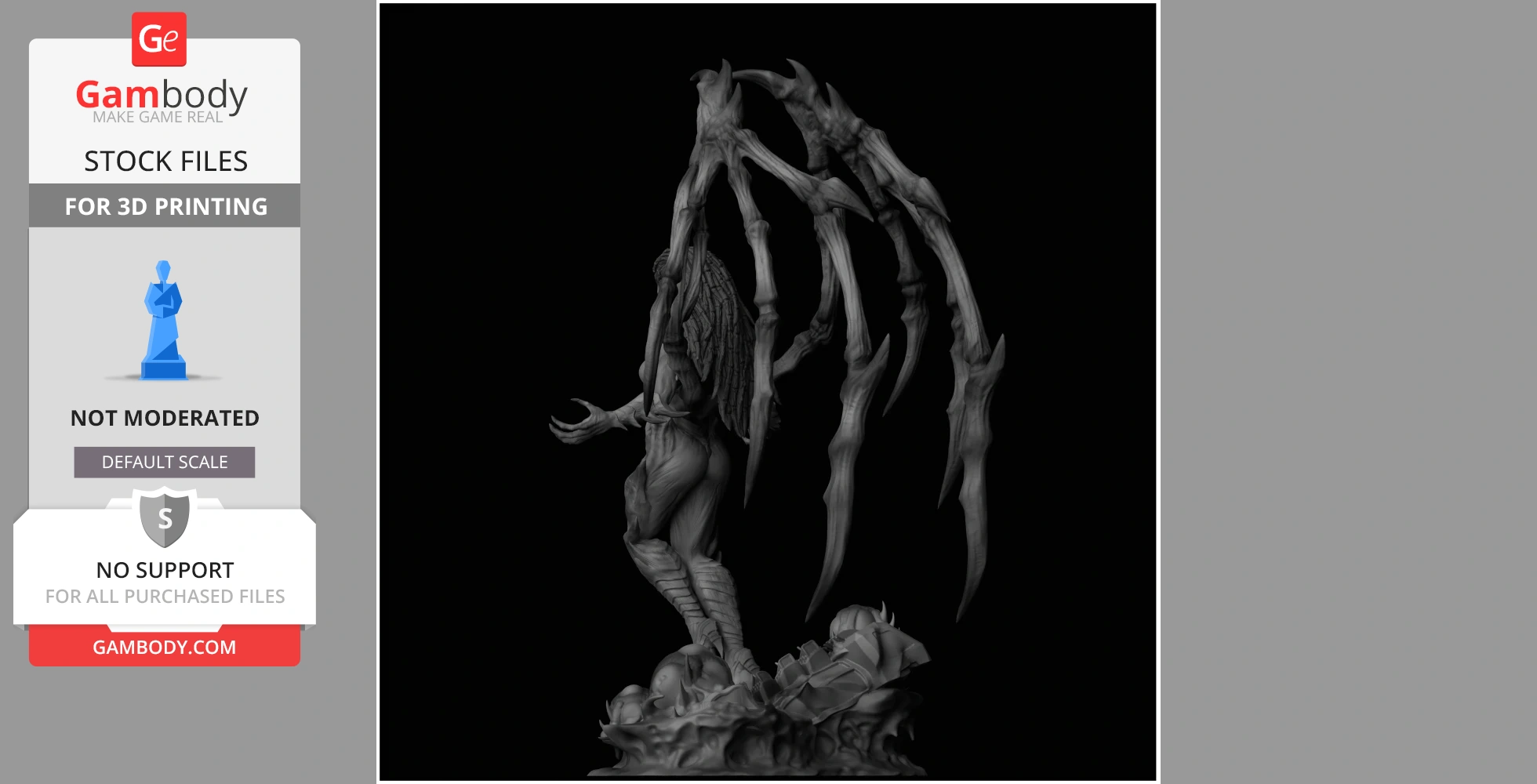 A detailed 3D model of an armored figure with large, spiky wings standing on a textured base.