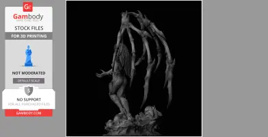 A detailed 3D model of an armored figure with large, spiky wings standing on a textured base.