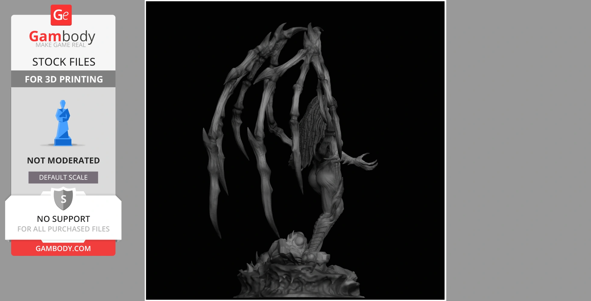 A 3D model of a humanoid with large, skeletal wings on a detailed base, designed for 3D printing.