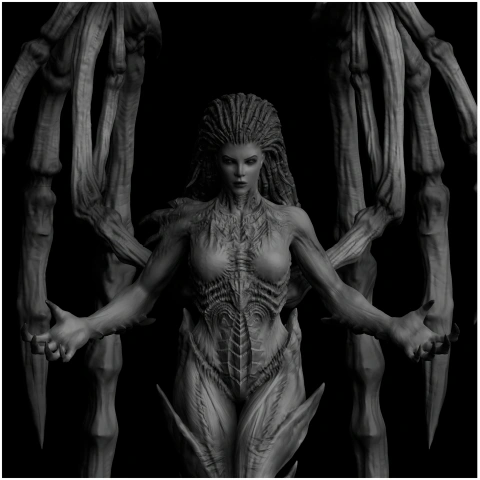 Alien queen with intricate armor and large, skeletal wings, designed for 3D printing.