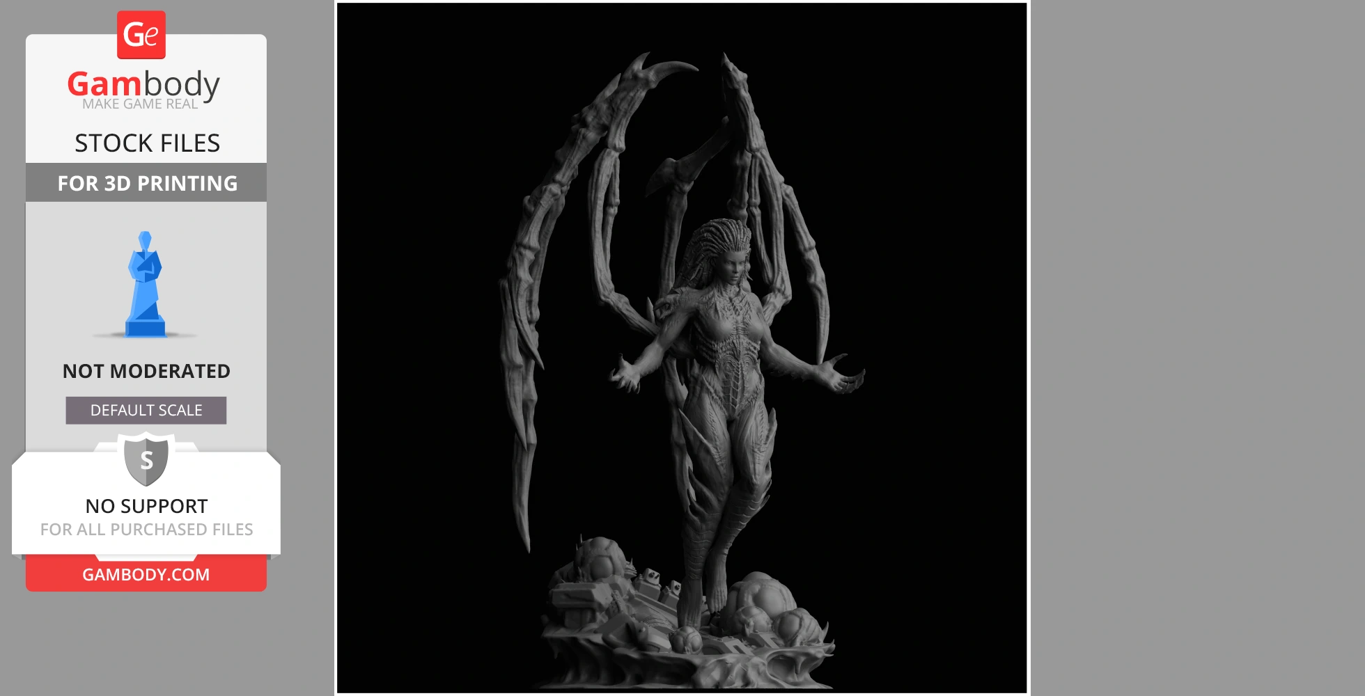 A detailed 3D model of a humanoid figure with ornate wings and a textured body, standing on a themed base.