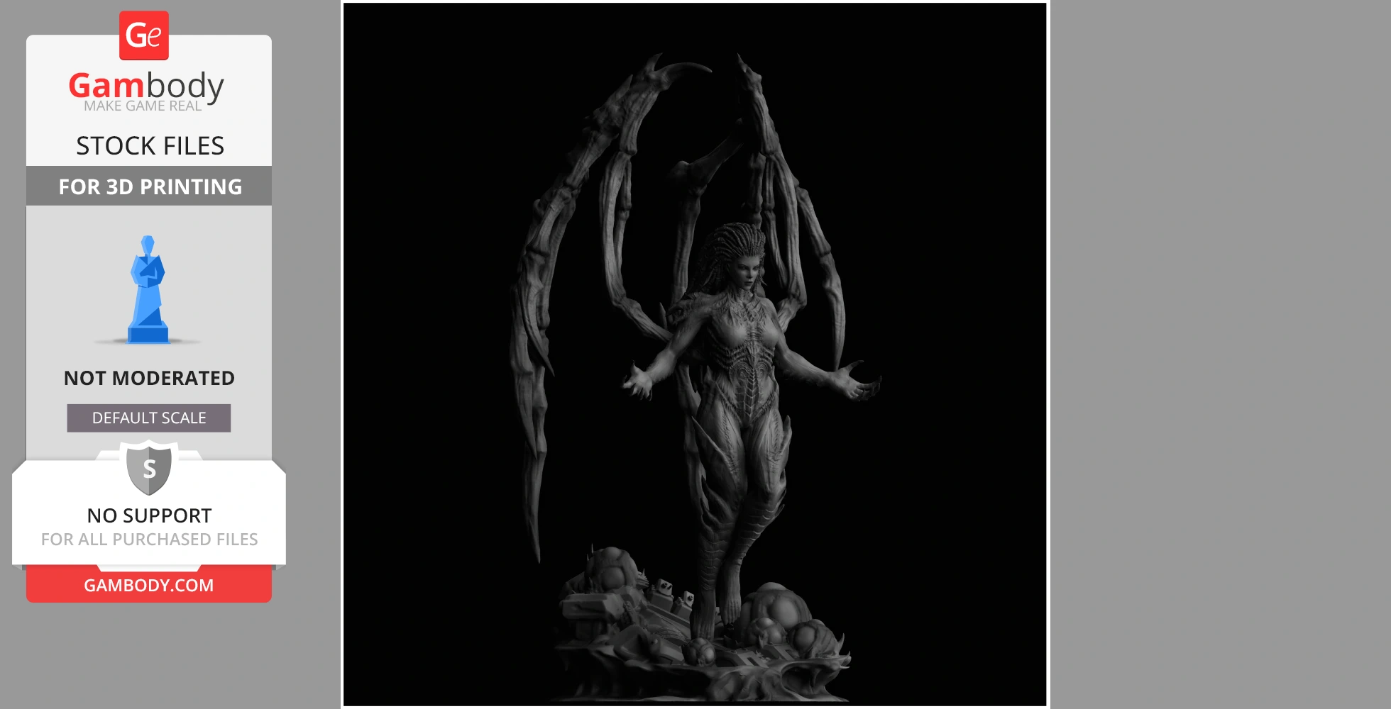 Alien-like figure with large, skeletal wings and intricate armor, standing on a detailed base.