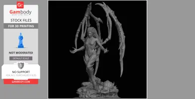A detailed 3D model of Sarah Kerrigan as Queen of Blades, with organic armor and blade-like wings.