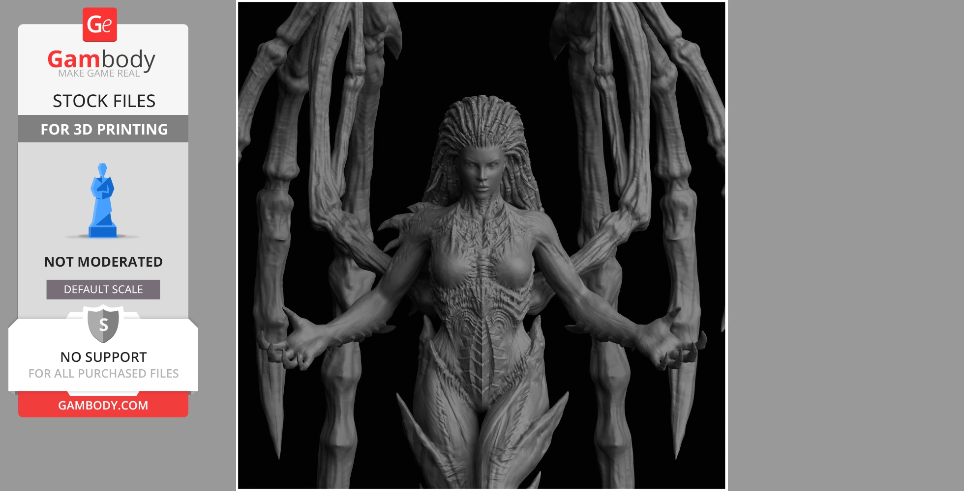 Alien-like figure with intricate armor and skeletal wings, posed with arms extended.